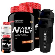 Kit 2x Whey Protein Waxy Whey 900g + Bio Colagen II 200g + BCAA 100g + 2x Coqueteleira - Bodybuilders (Chocolate e Cappuccino)