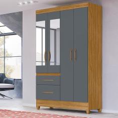 Guarda Roupa Solteiro 4 portas com espelho 2 gavetas Freijo / Cinza Madri - Moval