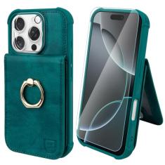 VANAVAGY Capa carteira para iPhone 16 Pro Max com suporte para cartão de crédito e bolso para moedas [suporte de anel de rotação de 360°], capa de telefone flip com fecho magnético de couro para