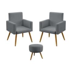Kit 2 Poltronas Decorativas Estofada Para Sala De Estar Vega e Puff So