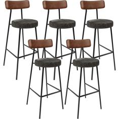 Kit 05 Banquetas Alta Cozinha Sala De Jantar Milão L02 Couríssimo Marrom Linho Chumbo - Lyam Decor