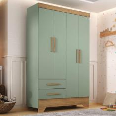 Guarda Roupa Infantil 4 Portas e 2 Gavetas Tic Tac Verde Fosco/Marrom