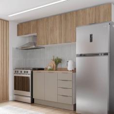 Cozinha Modulada 4 Peças com Tampo e Rodapé 3 Aéreos e 1 Balcão Ipanema Cabecasa Madeiramadeira Cinza Trama/Acácia