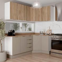 Cozinha Modulada 6 Peças com Tampo e Rodapé 3 Aéreos e 3 Balcões Ipanema Cabecasa Madeiramadeira Cinza Trama/Acácia