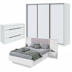 Quarto com Guarda-Roupa 3 Portas 6 Gavetas, Cômoda Urban 8 Gavetas e Cama Solaris Branco