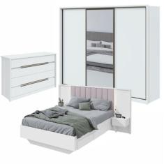 Quarto com Guarda-Roupa com Espelho 3 Portas 6 Gavetas, Cômoda Urban 8 Gavetas e Cama Solaris Branco