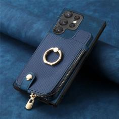 Capa de couro com suporte de anel de carteira para cartões com zíper para Samsung Galaxy A54 A34 A14 A53 A12 A23 5G S23 Ultra S22 S21 Plus capa de bolsa, azul, para Galaxy S21FE