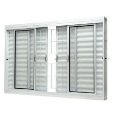 Janela de Aço Veneziana Central 100x200cm 6 Folhas com Grade Quadriculada e Vidro Liso Qualitysol Ramassol Branco