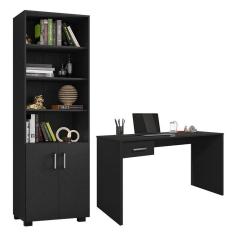 Mesa para Computador Gávea com Gaveta e Livreiro Office com Portas Pequenas Preto Trama - Móveis Leão