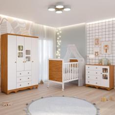 Quarto de Bebê Completo Guarda Roupa Uli 4 Portas 3 Gavetas Berço Mini Cama Cloe 2 Em 1 Cômoda Uli 4 Gavetas 1 Porta 100%MDF Móveis Peroba