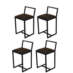 Kit 4 Banqueta Baixa Para Cozinha Preta Industrial Assento Estofado - 