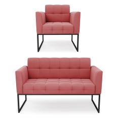 Kit 1 Sofá Namoradeira e 1 Poltrona Elisa Suede Rosê Base Metálica Industrial Preto D03 - D'Rossi