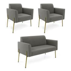 Sofá Namoradeira E 2 Poltronas Pé De Ferro Dourado Marisa Suede Grafite D03