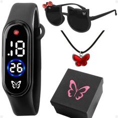 Relogio Menina Digital Infantil + Colar + Oculos Sol Garota Social Led Original Presente Strass Rosa