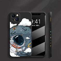 Capa de telefone com cordão de mão de astronauta bonito dos desenhos animados para iPhone 13 11 12 Pro Max XS X XR 8 7 Plus SE 2022 Capa macia de silicone líquido, preta, para iPhone 7