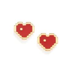 Brinco Infantil Banhado Ouro Rommanel 526991 Coração Pixel Vermelho