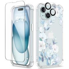 GVIEWIN Capa para iPhone 15 Plus, [3 em 1] com protetor de tela e protetor de lente de câmera, capa de telefone floral transparente macia à prova de choque slim fit para mulheres meninas 2023 6,7