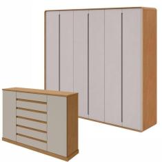 Conjunto de Guarda-Roupa Casal Loop 6 Portas e Cômoda 2 Portas 7 Gavetas 3 Prateleiras Vedra  Amêndoa Clean/Off White