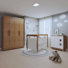 Quarto de Bebê Completo com Guarda-Roupa, Berço e Cômoda Lipe Amadeirado/Branco