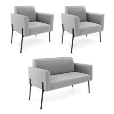 Sofá Namoradeira E 2 Poltronas Pé De Ferro Preto Marisa Suede Cinza D03 - D`rossi