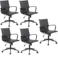 Conjunto com 5 Cadeira de Escritório Diretor Esteirinha em Sintético Base Preta Sevilha Preto