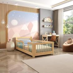 Cama Infantil Solteiro Montessoriano Wave com Rattan Casatema Verde/Natural