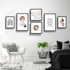 Conjunto Kit 6 Quadros Decorativos Preto Branco Rose Gold - Real Decor