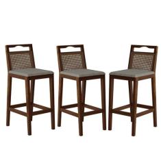 Conjunto com 3 Banquetas Madeira Maciça Rattan Vittoria - CCS Interior