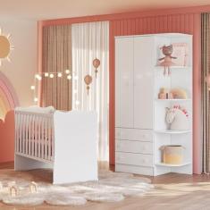 Quarto de Bebê Doce Sonho com Roupeiro 825 e Berço Simples 1 Qmovi Branco + Colchão Gazin
