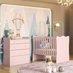 Quarto de Bebê Doce Sonho com Cômoda 2523 e Berço Simples 1 Qmovi Rosa Acetinado + Colchão Gazin