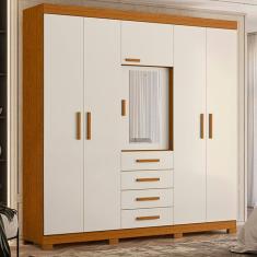 Guarda Roupa Casal com Espelho 6 Portas 4 Gavetas Virtus Cinamomo/Off White