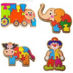 Kit Com 4 Quebra Cabeças Elefante + Palhaço + Trem + Vaca - Brinque E 