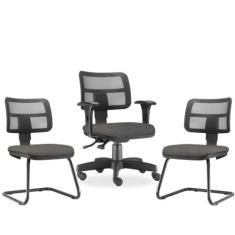 Kit Cadeira de Escritório Giratória e 02 Cadeiras Fixas Zip L02 Linho 