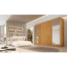 Guarda Roupa Casal Vitoria 3 Portas de Correr 6 Gavetas MDF com Espelho Peroba Móveis Europa