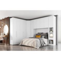 Quarto Casal Modulado Rizon 5 Peças (1 Armário Ponte 1 Closet 2 Guarda Roupas 1 Complemento) Branco