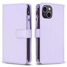 Capa com alça de pulso para iPhone 14, 9 compartimentos para cartão, 1 carteira de couro com zíper, função de suporte, fecho magnético, capa para celular compatível com iPhone 14 de 6,1 polegadas