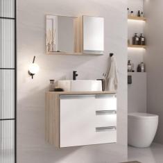 Conjunto gabinete banheiro completo prisma 60cm madeirado/branco - MOV