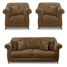 Kit 2 Poltronas e Sofá Living 2 Lugares 1,60m Vênus Suede Pés Castanho
