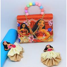 Kit Bolsa Infantil Mini Bag Bolsinha Alça Pérola Princesa Moana + Presilha de Cabelo Laço Bico de Pato Meninas presente