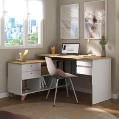 Escrivaninha em L Retrô Gold com 4 Gavetas Olmo/Branco