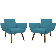 Combo 02 Poltronas Decorativas Flora Pés Palito Suede Azul Turquesa - 