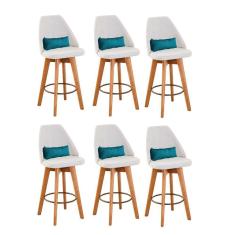 Kit 06 Banquetas Alta Maya Giratória Com Encosto Linho Bege Claro e Almofada Corino Azul Turquesa - Aurora Line