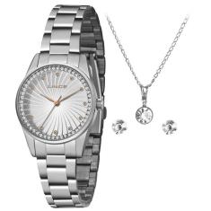 Kit Relógio Lince Analógico Prata + Colar E Brinco