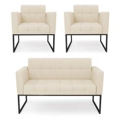 Kit 1 Sofá Namoradeira E 2 Poltronas Linho Base Metálica Industrial Preto - D`rossi Cor A19 Bege