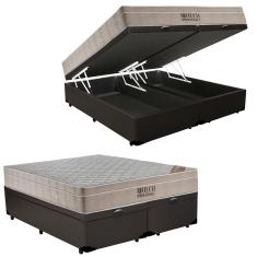 Cama Box Baú Queen Sintético Bipartido + Colchão Ortobom Airtech Molas Ensacadas 158x198x65