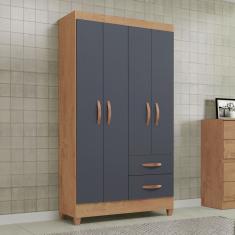 Guarda-Roupa Solteiro Brasília 4 Portas 2 Gavetas Canelato Rustico/Grafite Fosco - Atualle Móveis