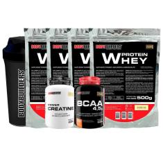 KIT 4x Whey Protein 500g + BCAA 100g + Creatina 100g + Coqueteleira - Bodybuilders-Unissex