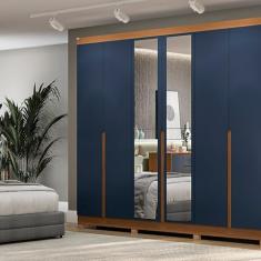 Guarda-roupa 6 Portas com Espelhos e Pés Canela/Azul