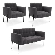 Namoradeira E 2 Poltronas Pé De Ferro Pto Elisa Bouclê Grafite D03 - D