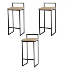 Kit 3 Banquetas Altas Estofadas Suede Pietra Base Preta - JOTABE, bege